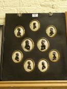 Set of nine George III silhouettes reverse painted on glass backed with wax by Hinton Gibbs (FL.