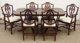 Reproduction mahogany extending dining table extended with leaf 214cm x 100cm and six (4+2) matching