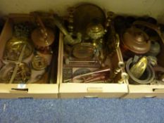 Victorian brass oil lamp, other copper and brass ware in three boxes