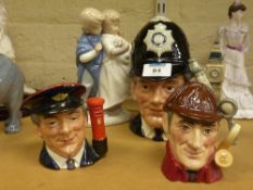 Three Royal Doulton character jugs 'The London Bobby' D6744, 'The Postman' D6801 and 'The Sleuth'