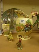Crown Devon jug, Royal Doulton series ware plate, 1930's sugar caster and two Wade country figures