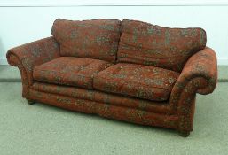 Large two seat settee in red patterned chenille cover 220cm