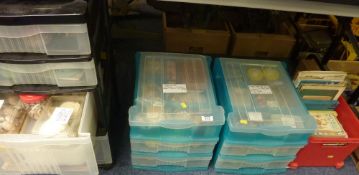 Assortment of small shells in two plastic containers each of three drawers suitable for jewellery