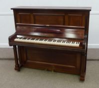 Late 19th / early 20th German mahogany upright piano, iron framed and overstrung by Emil Dressler,