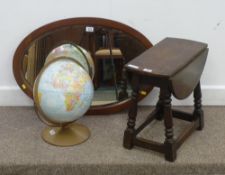 Small oak drop leaf table, mahogany framed wall mirror and a globe on stand