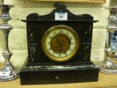 Victorian black slate mantle clock inlaid with figured marble 24cm