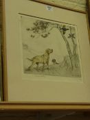 Working Gun dogs, limited edition coloured etching by George Vernon Stokes signed and numbered 53/75