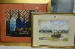 Scarborough Harbour watercolour signed J Holmes and a still life of fruit signed Jan Farthing