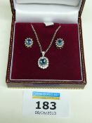 Aquamarine and diamond 18ct white gold pendant necklace and a pair of sapphire and diamond ear-