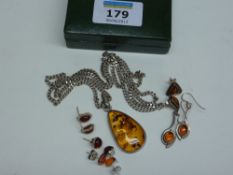 Hallmarked silver amber pendant necklace and amber ear-rings