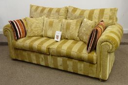 Duresta England three piece lounge suite with footstool in gold stripe cover with scatter