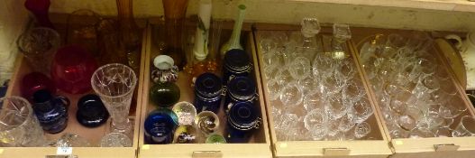Set of four Bristol blue Kilner type storage jars, paperweights and other glassware in four boxes