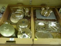Victorian oval biscuit box with wheatsheaf finial and other plated ware in two boxes