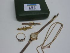 Fine chain stamped 9ct, two bar brooches stamped 9ct, Avia watch and a dress ring