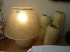 Stoneware table lamp and shade and three matching graduated vases