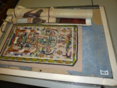 Oriental oil painting on leather, Indian batik and a folio of assorted pictures, prints etc