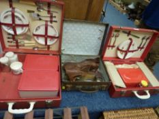 Two Brexton picnic boxes and a pair of old ice skates