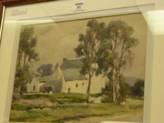 Country House watercolour signed by Staithes Group artist Owen Bowen