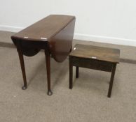 19th Century mahogany pad foot drop leaf table and a small oak table with hinged top