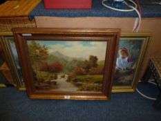 Landscape oil on board by A H Clays and two prints in gilt frames