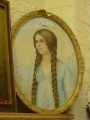 Girl with Plaits, early 20th century oval pastel