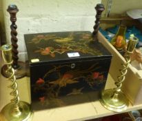 Early 20th Century Japanese lacquered box, a pair of brass open twist candlesticks and pair of oak