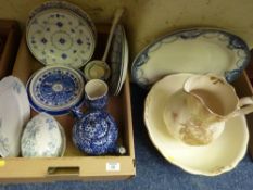 Edwardian toilet jug and bowl, blue and white tea pot and other ceramics in one box