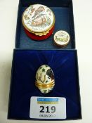 Halcyon Days enamel 'Good Luck' egg and two similar patch boxes