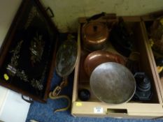 Hanging balance, set of kitchen scales, Victorian cast iron, other metal ware in one box