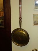 Victorian brass and copper warming pan with turned fruit wood handle