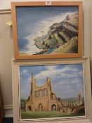 'Cliffs at Filey Brigg' oil on canvas and 'Byland Abbey' oil on board by Neville R.Gray.