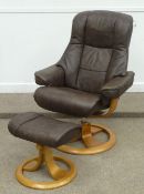 Reclining swivel chair with height adjustment in mottled brown leather with stool