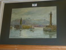 Fishing Boat Leaving Whitby Harbour by Moonlight, watercolour signed by Edward H Simpson