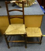 Rush seated chair and string top stool