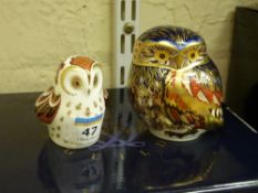 Two Royal Crown Derby paperweights Owl and Owlette, one boxed