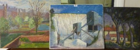 Lime Quarry Seamer oil on board by E.Sugden and two other oils on board by the same artist (
