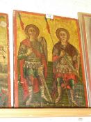 19th Century Greek Orthodox icon depicting two knights 47cm x 34cm