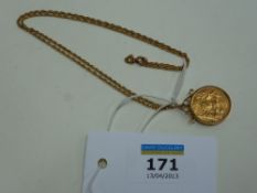 1911 gold sovereign in loose pendant mount hallmarked 9ct on chain stamped 9ct