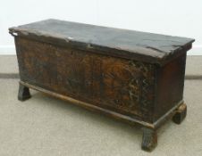 18th Century Cypriot cedar wood dowry chest with traditional carved three panel front of flowers