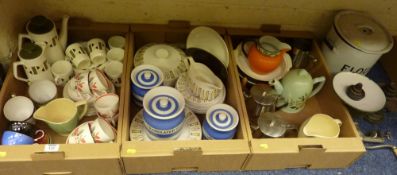Pair of cast iron kitchen scales, enamel flour bin, TG Green Cornishware and other ceramics etc in