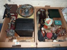 Child's sewing machine, costume doll, fishing reel and miscellanea in two boxes