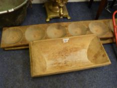 Mediterranean wooden dough bowl and two five section bread raising boards