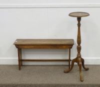 Rectangular medium oak stool, a walnut jardiniere stand and a footstool with red velvet top