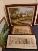 Country cottage scene oil on canvas, 19th Century watercolour in box frame. Etching of dogs after