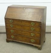 George III oak and mahogany banded bureau, fall front revealing fitted interior above four