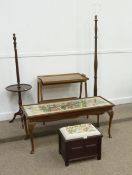 Remploy two tier vintage/retro oak tray table, coffee table with embroidered top, similar stool