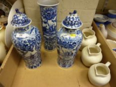 Late 19th Century garniture of three Chinese blue and white vases, four figure character marks 31cm