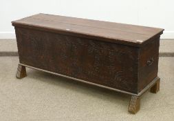 19th Century Cypriot pine dowry chest with traditional carved three panel front depicting three
