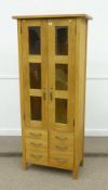 Modern solid light oak cabinet, two display doors above six drawers, 80cm