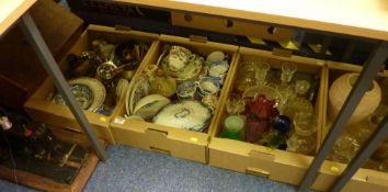 Victorian sewing machine, ceramics, coloured and other glassware etc in four boxes